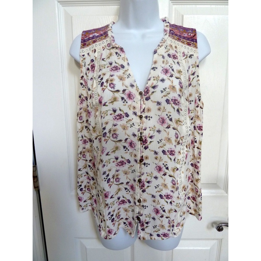 MASON & BELLE Large Sleeveless Ruffled Floral Cottage Button Up Blouse